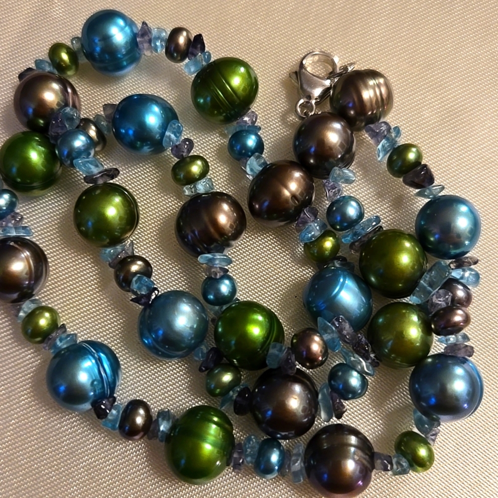 Honora pearl and semi-precious gemstone chips necklace 925ss clasp